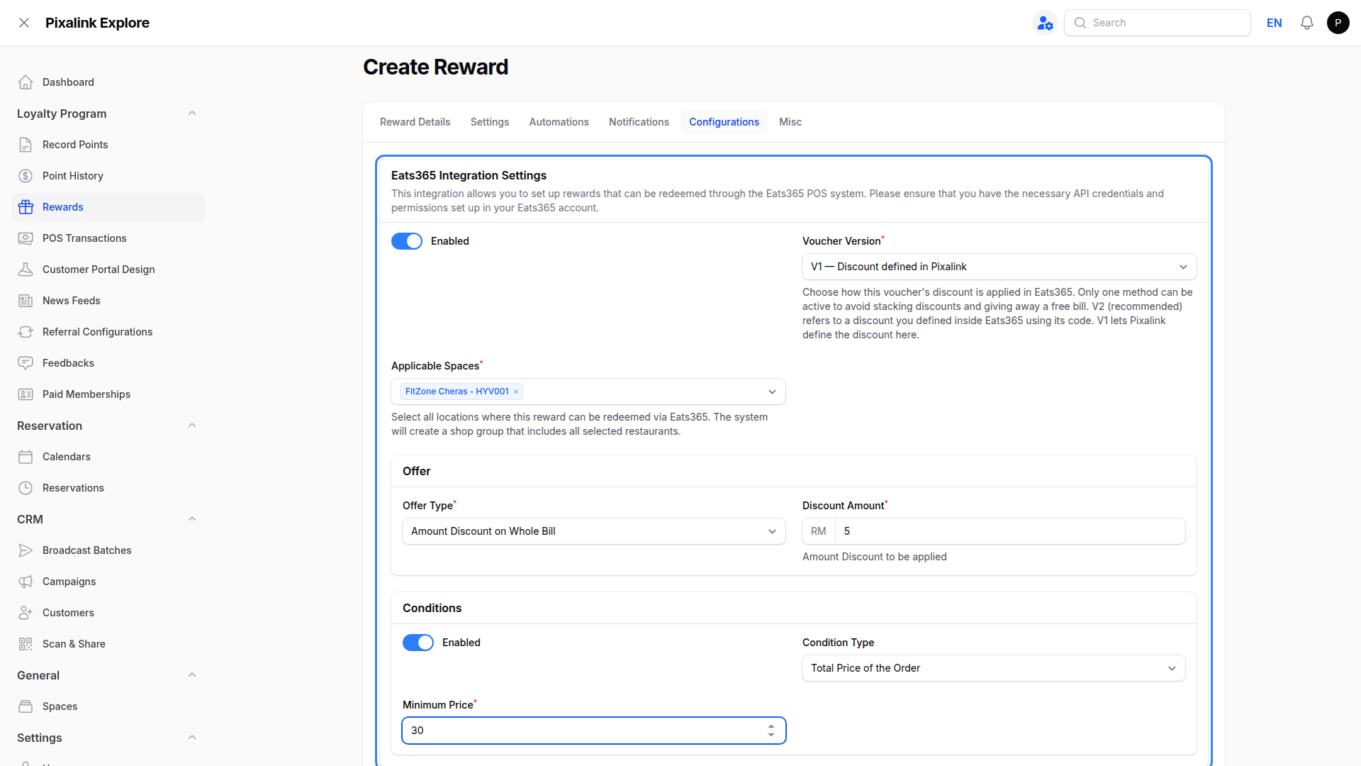 Configurations tab showing Eats365 Integration Settings enabled with Voucher Version V1, Applicable Spaces, Offer set to Amount Discount on Whole Bill of RM5, and Conditions set to Total Price of the Order with Minimum Price 30