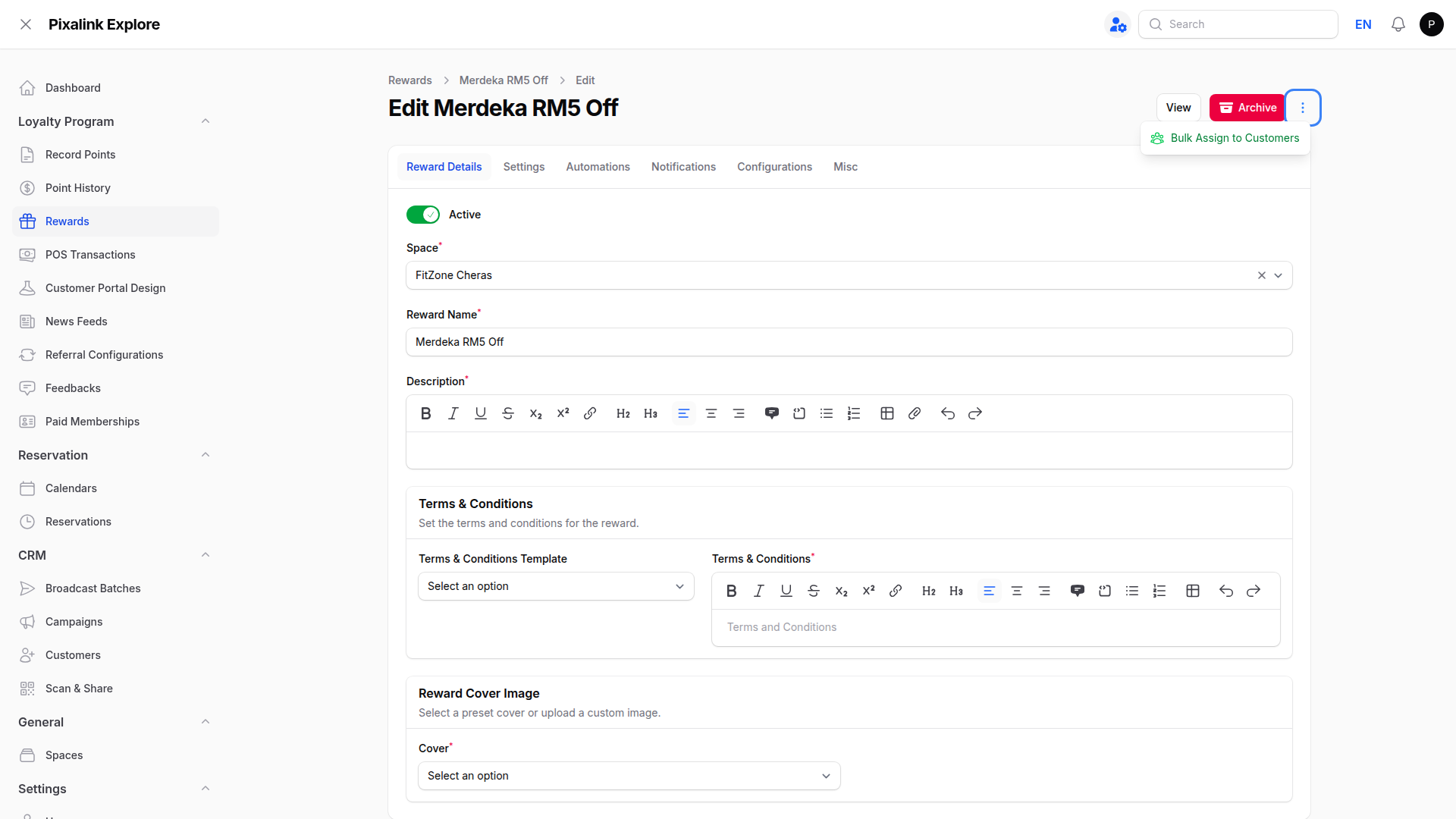 Edit Reward page with the three-dot menu open at the top right showing the Bulk Assign to Customers option