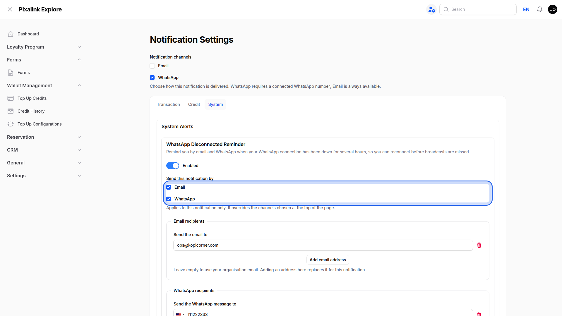 Send this notification by highlighted with Email and WhatsApp ticked, above the Email recipients and WhatsApp recipients fields