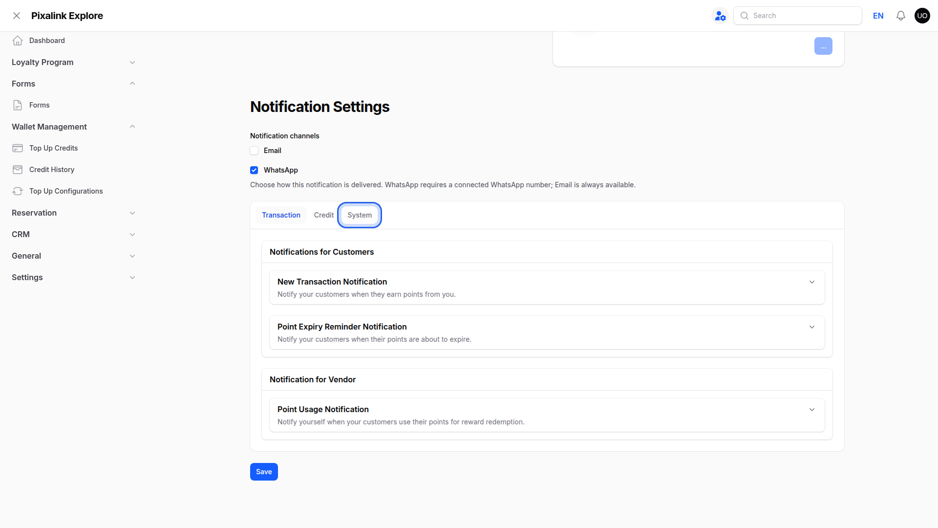 Notification Settings section on the Configurations page with the System tab highlighted