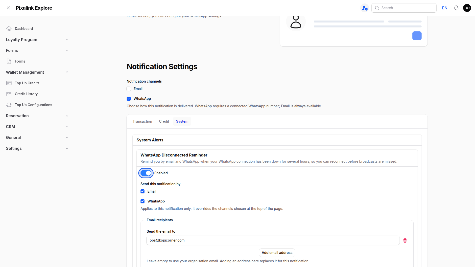 System Alerts panel with the WhatsApp Disconnected Reminder Enabled switch on and highlighted