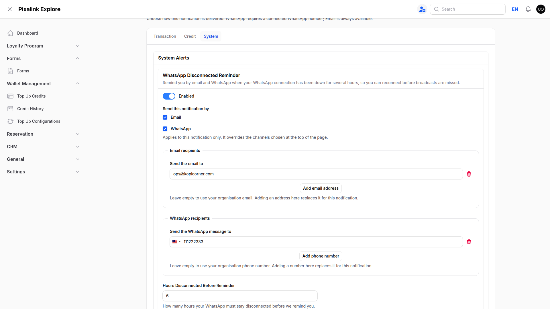 Notification Settings form with the Save button highlighted below the System Alerts panel