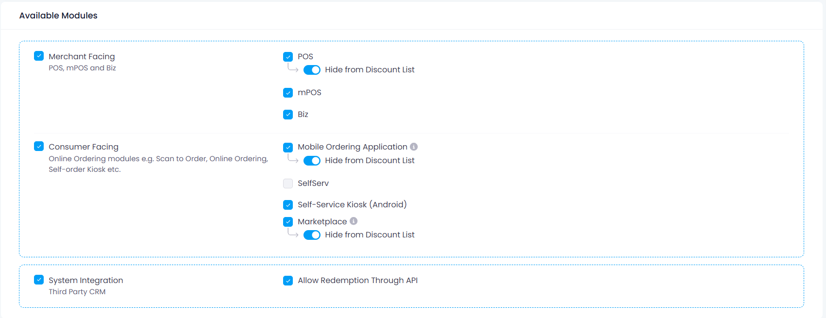 Eats365 Available Modules showing merchant-facing, consumer-facing, system integration, Hide from Discount List, and Allow Redemption Through API settings