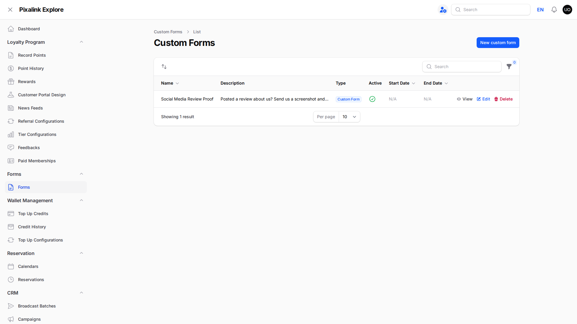 Custom Forms page with the Forms sidebar item selected and the New custom form button in the top right