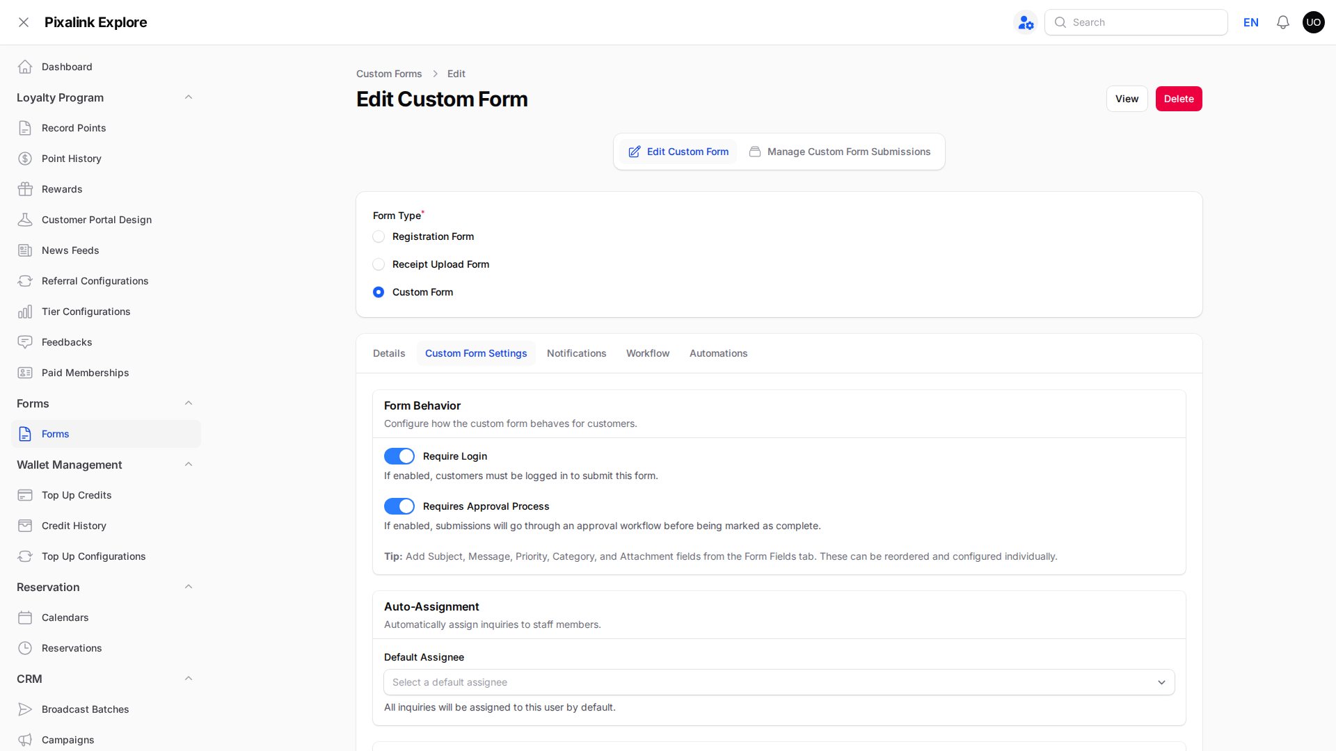 Edit Custom Form screen with Custom Form selected as the form type and the Require Login toggle switched on
