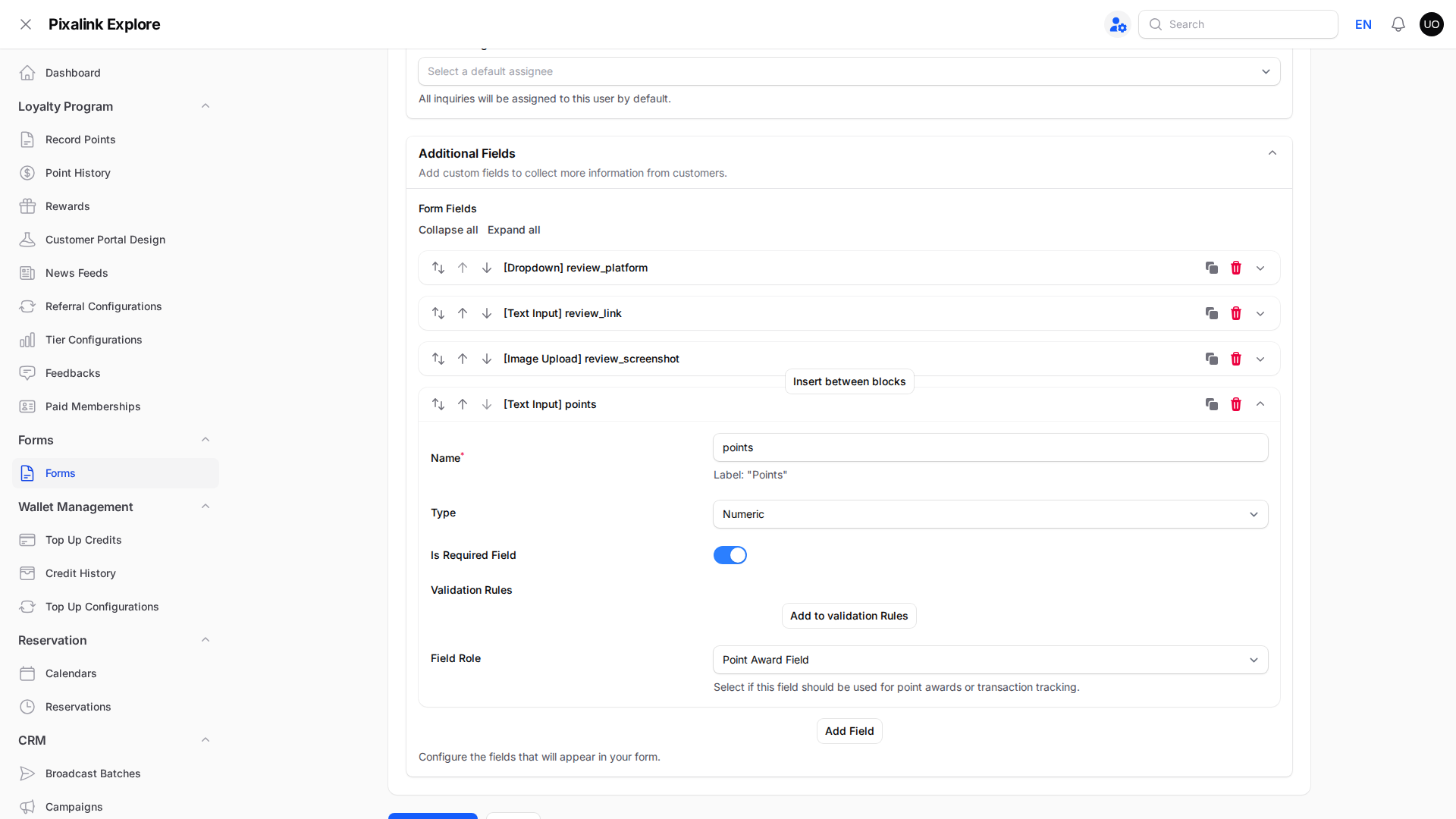 Additional Fields list showing a dropdown, a text field, an image upload field and a points field whose Field Role is set to Point Award Field