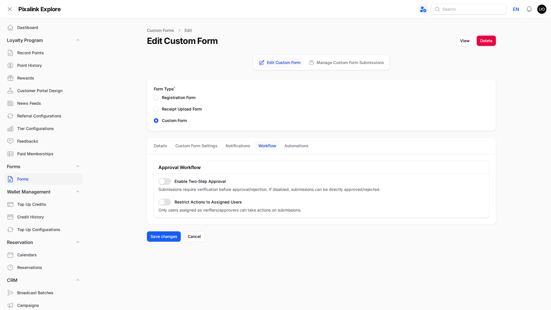 Workflow tab showing the Enable Two-Step Approval and Restrict Actions to Assigned Users toggles