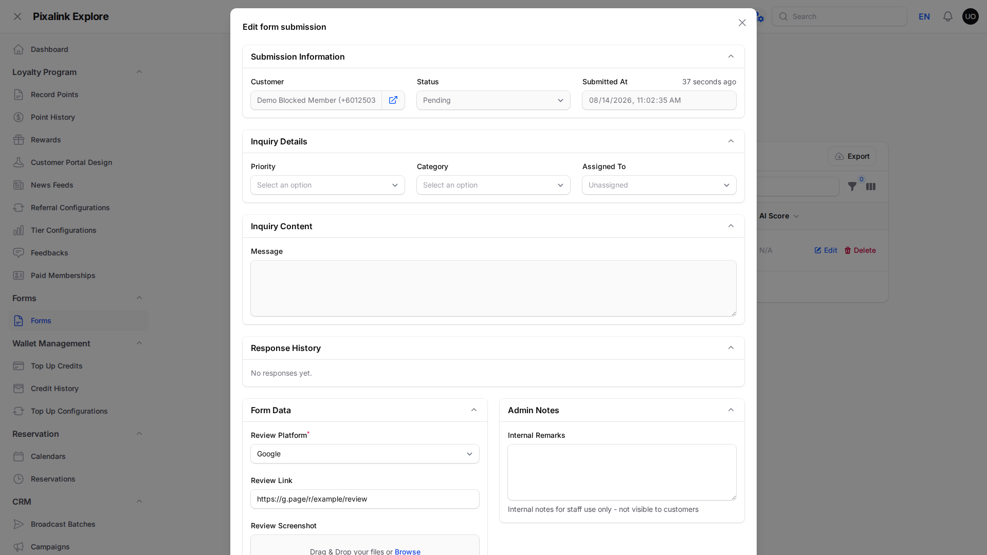 Edit form submission window showing the member name, Pending status and the Form Data section with review platform, review link and screenshot