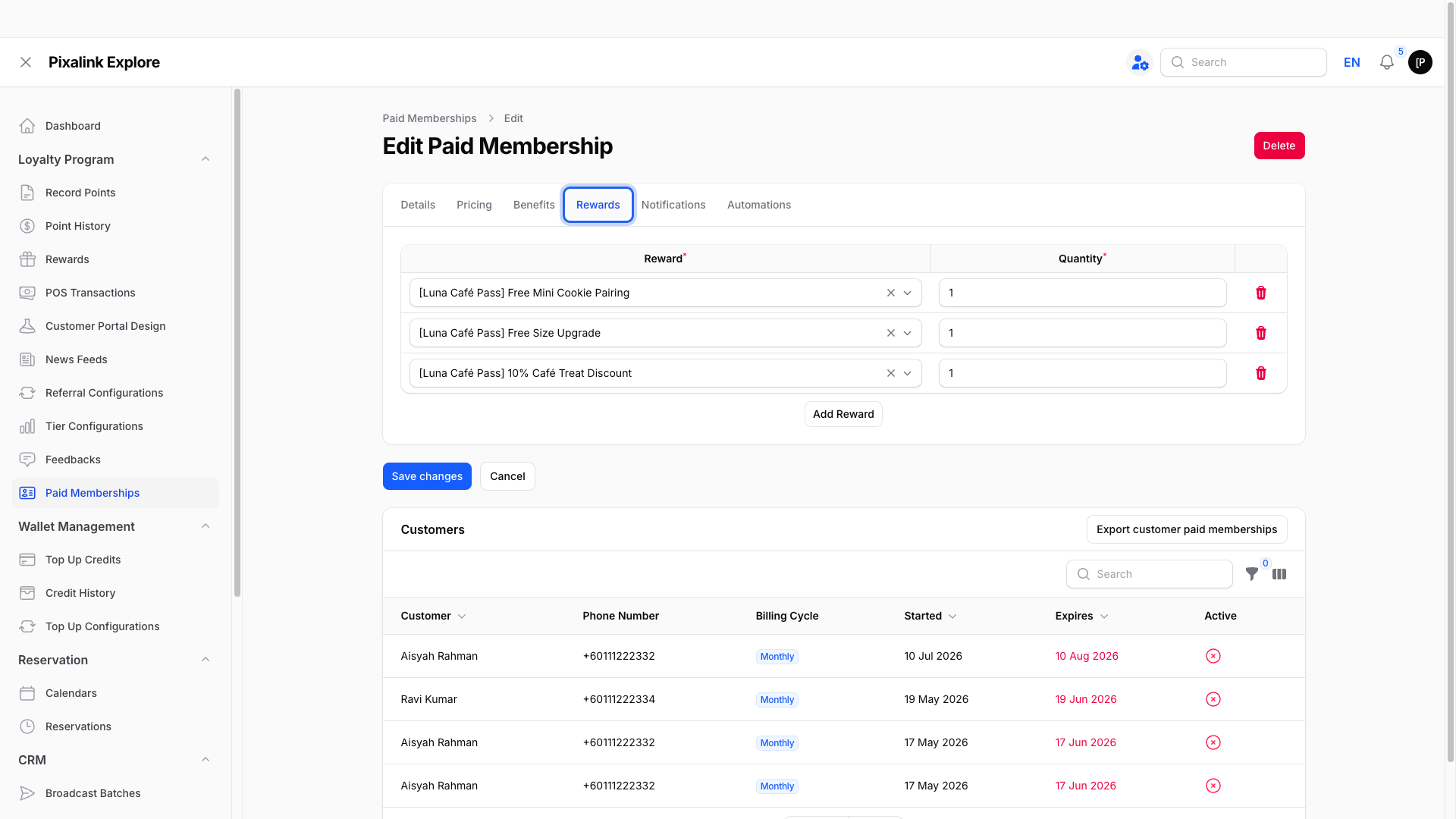 Edit Paid Membership form with the Rewards tab highlighted, showing three assigned rewards each with quantity 1 and an Add Reward button