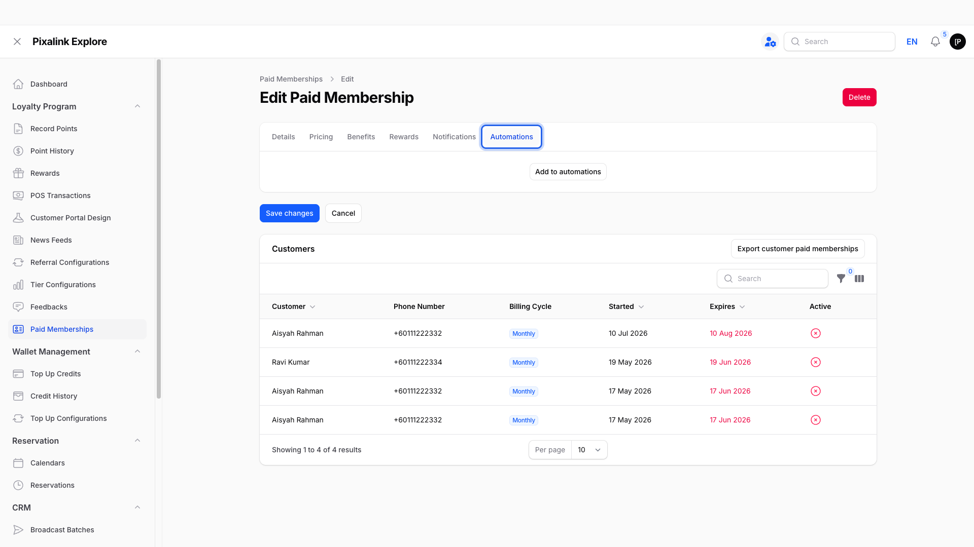 Edit Paid Membership form with the Automations tab highlighted, showing an empty automations area with an Add to automations button