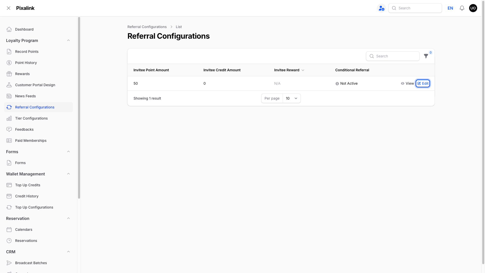 Referral Configurations list with the Edit button highlighted