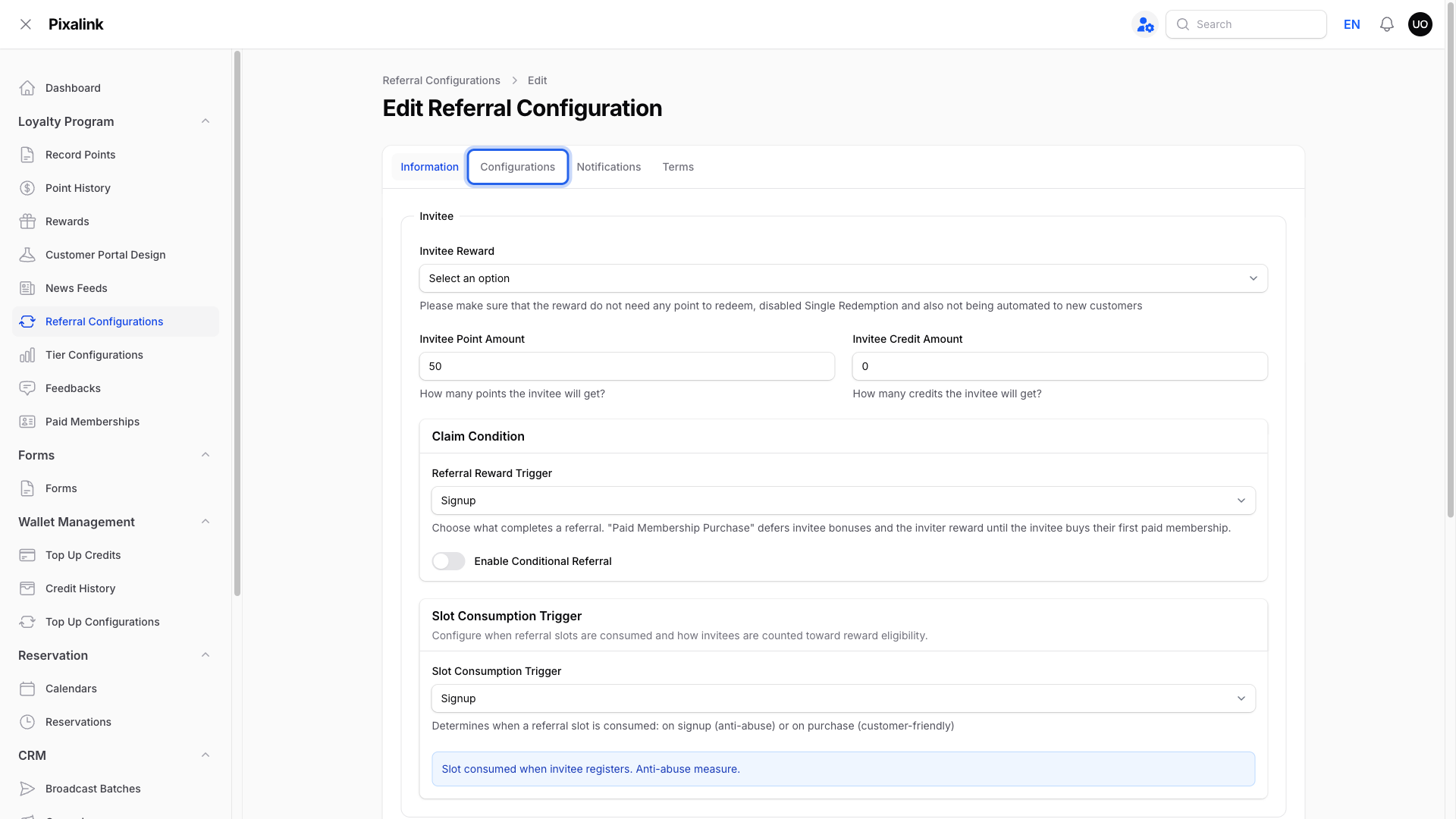 Edit Referral Configuration page with the Configurations tab highlighted