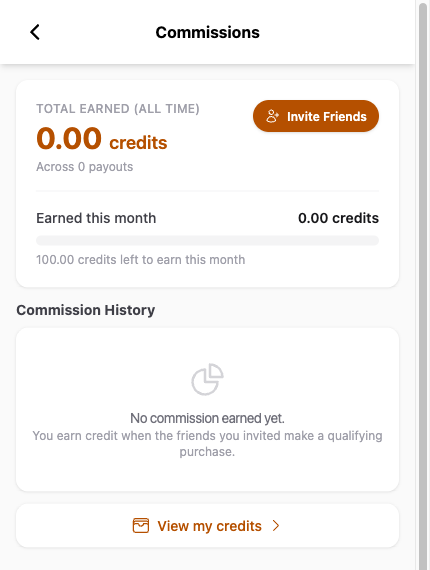 Customer portal Commissions page showing total earned, this month's progress toward the monthly cap and commission history