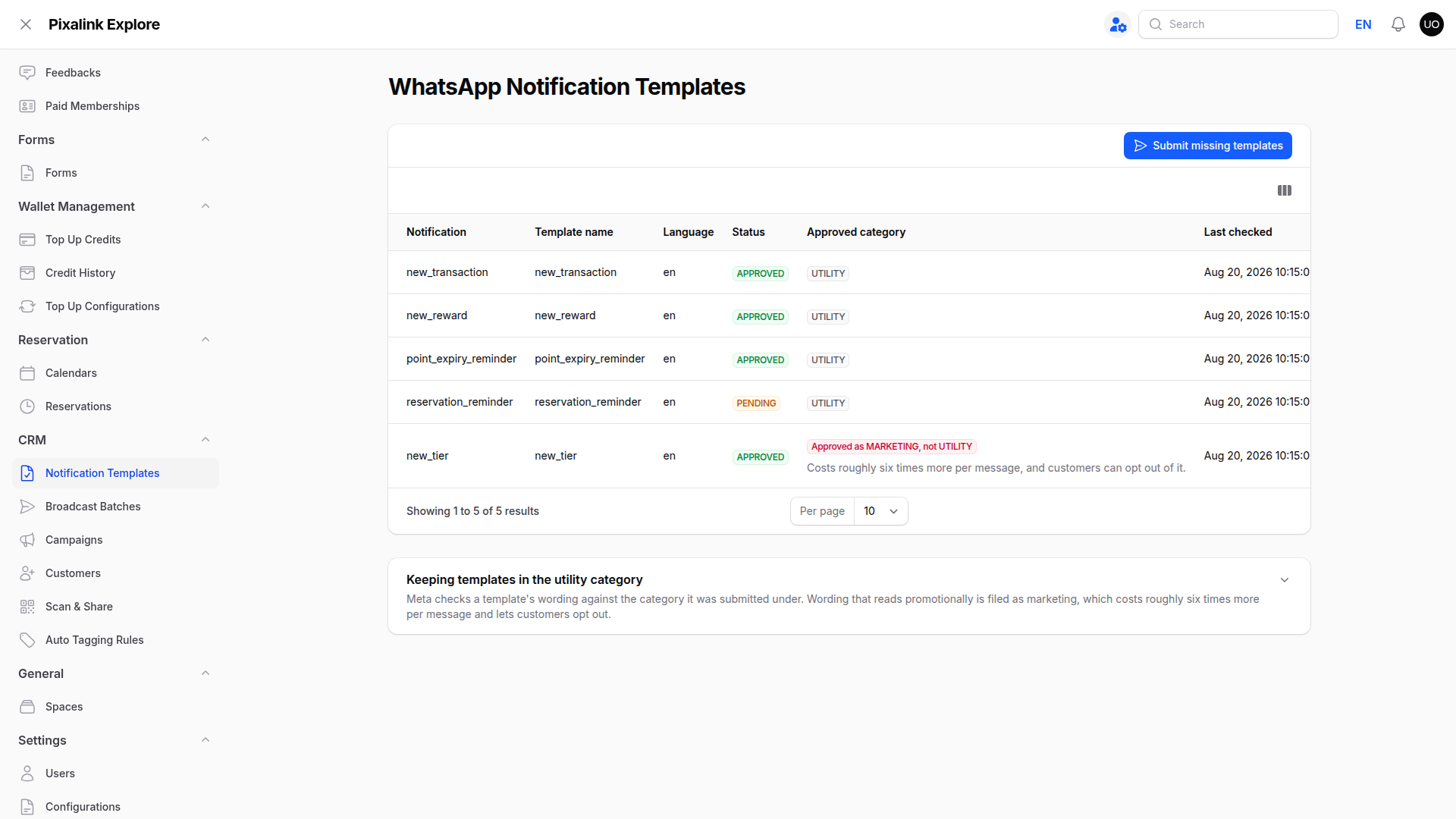 Admin panel showing the WhatsApp Notification Templates page, with Notification Templates highlighted under the CRM group in the sidebar