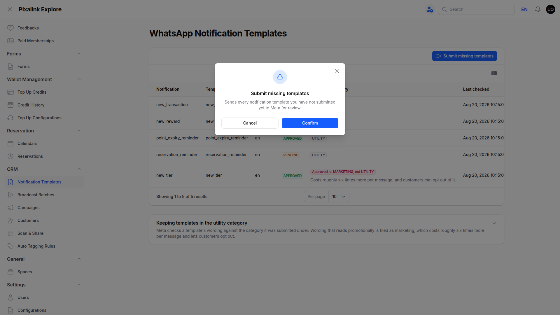 Confirmation box titled Submit missing templates, explaining that every template not yet submitted will be sent to Meta for review
