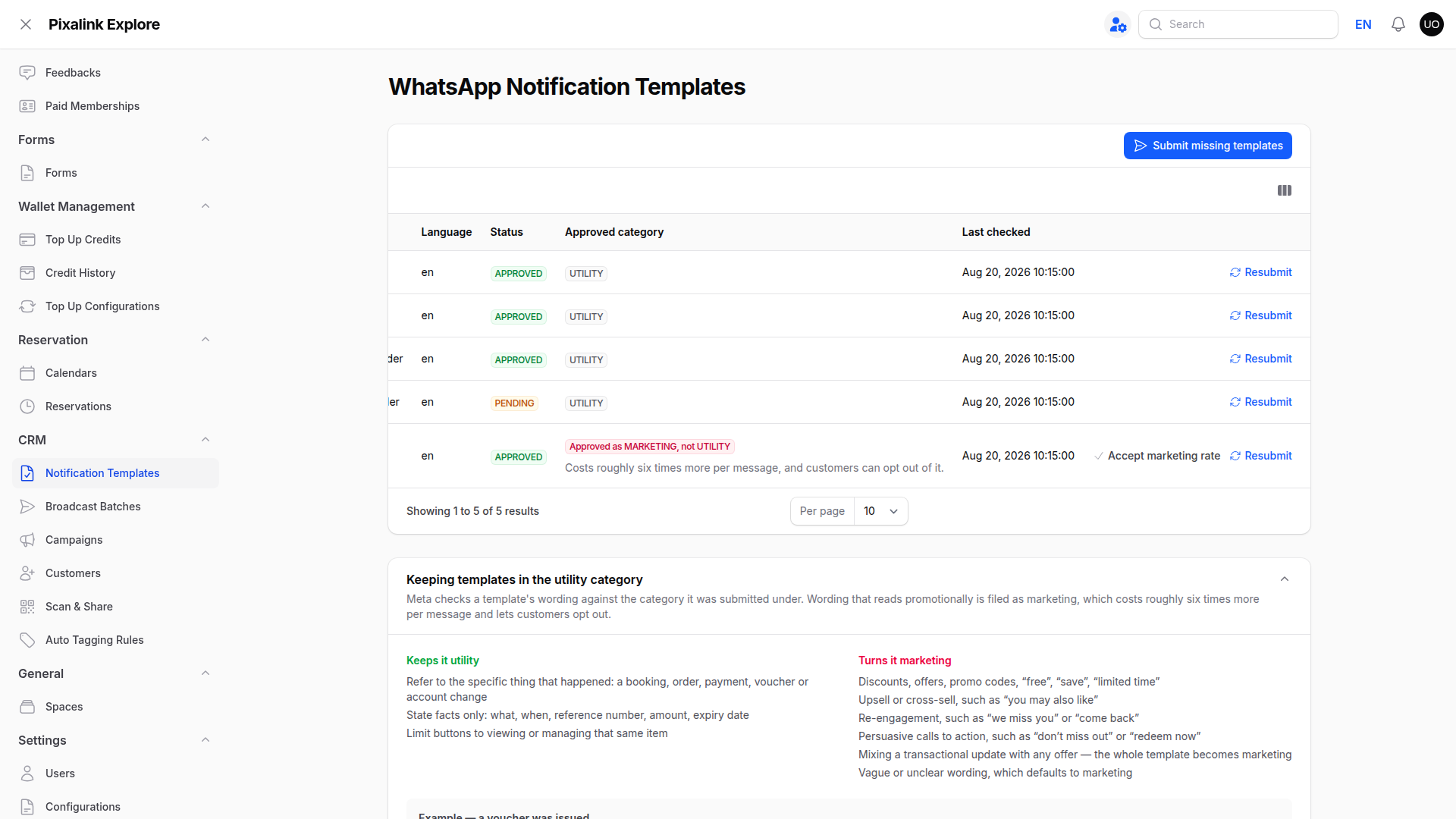 Template list showing Status, Approved category and Last checked columns, with Resubmit and Accept marketing rate actions on the right