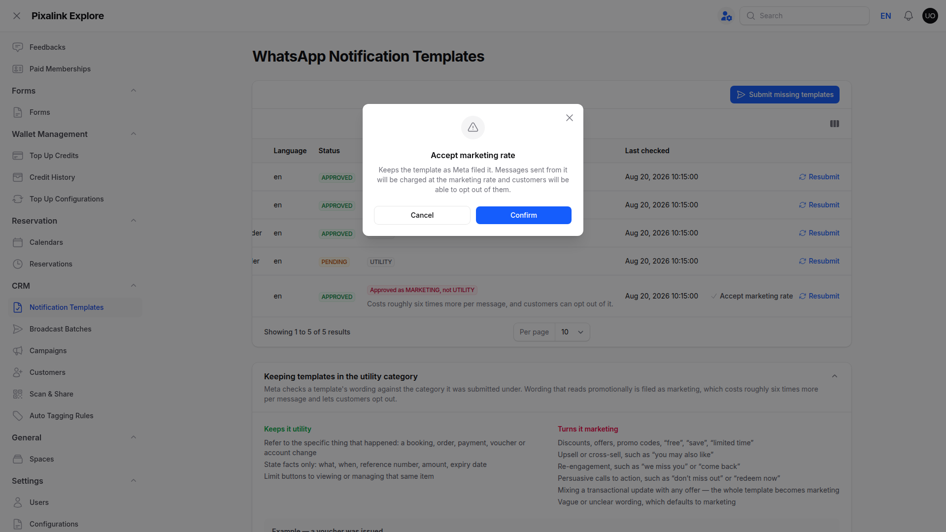 Confirmation box titled Accept marketing rate, warning that messages will be charged at the marketing rate and customers can opt out