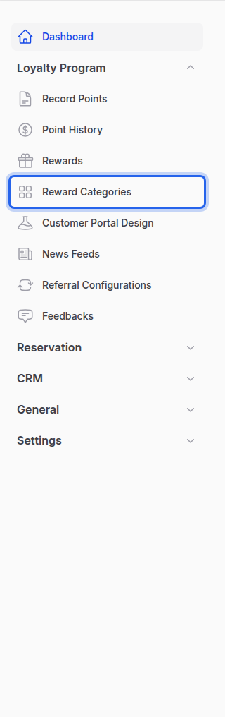 Admin panel sidebar with the Loyalty Program group expanded and Reward Categories highlighted