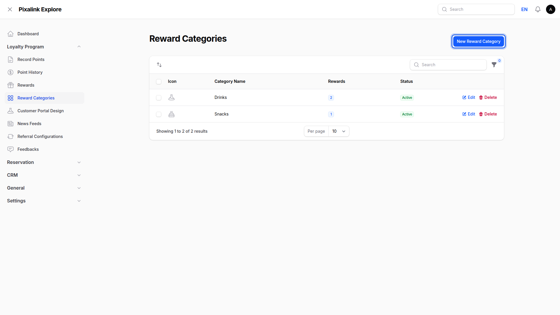 Reward Categories list with the New Reward Category button highlighted