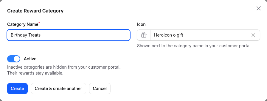 Create Reward Category window with a category name typed in, an icon chosen and the Active switch on