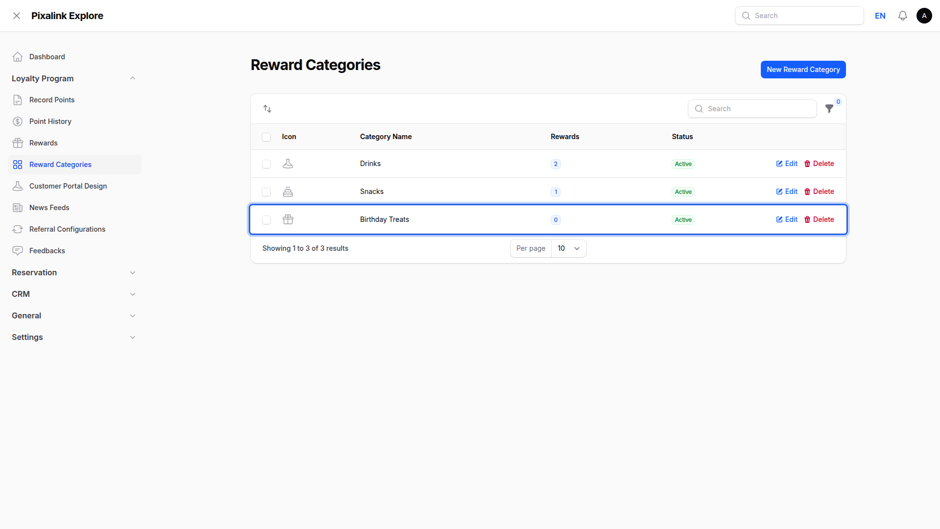 Reward Categories list showing three categories with the newly added one highlighted