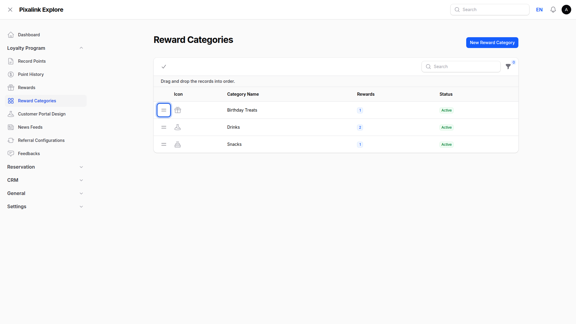 Reward Categories list in reorder mode with a drag handle highlighted