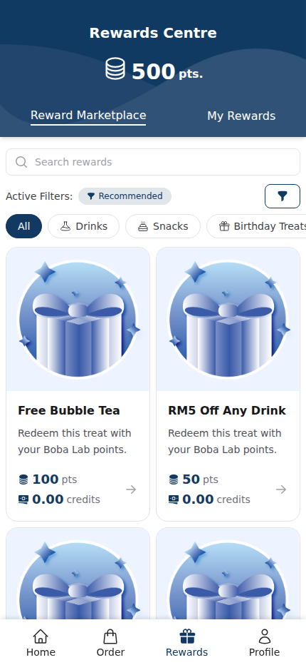 Customer rewards page showing the category bar with All selected above the reward cards