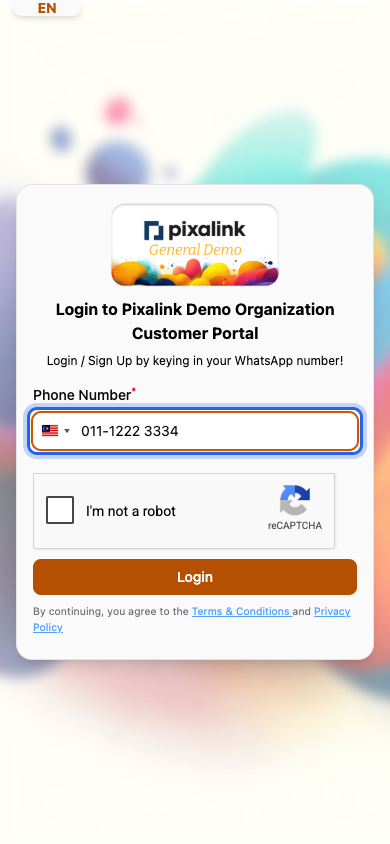 Step 1: The customer portal login page with the phone number field highlighted