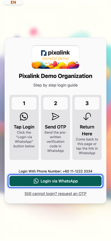 Step 2: The three-step login guide with the Login via WhatsApp button highlighted