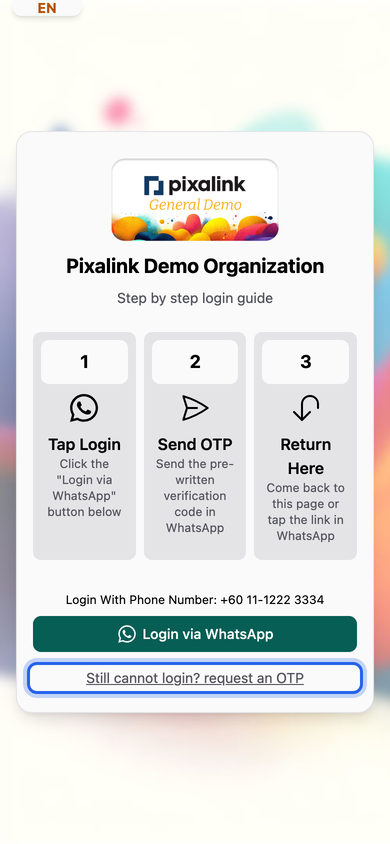 Step 3: The Still cannot login? request an OTP link highlighted below the WhatsApp button