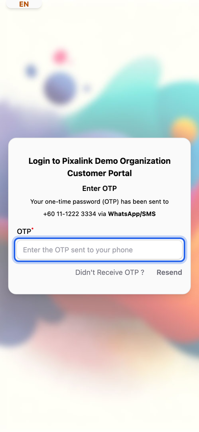 Step 4: The Enter OTP screen with the code field highlighted and a Resend link