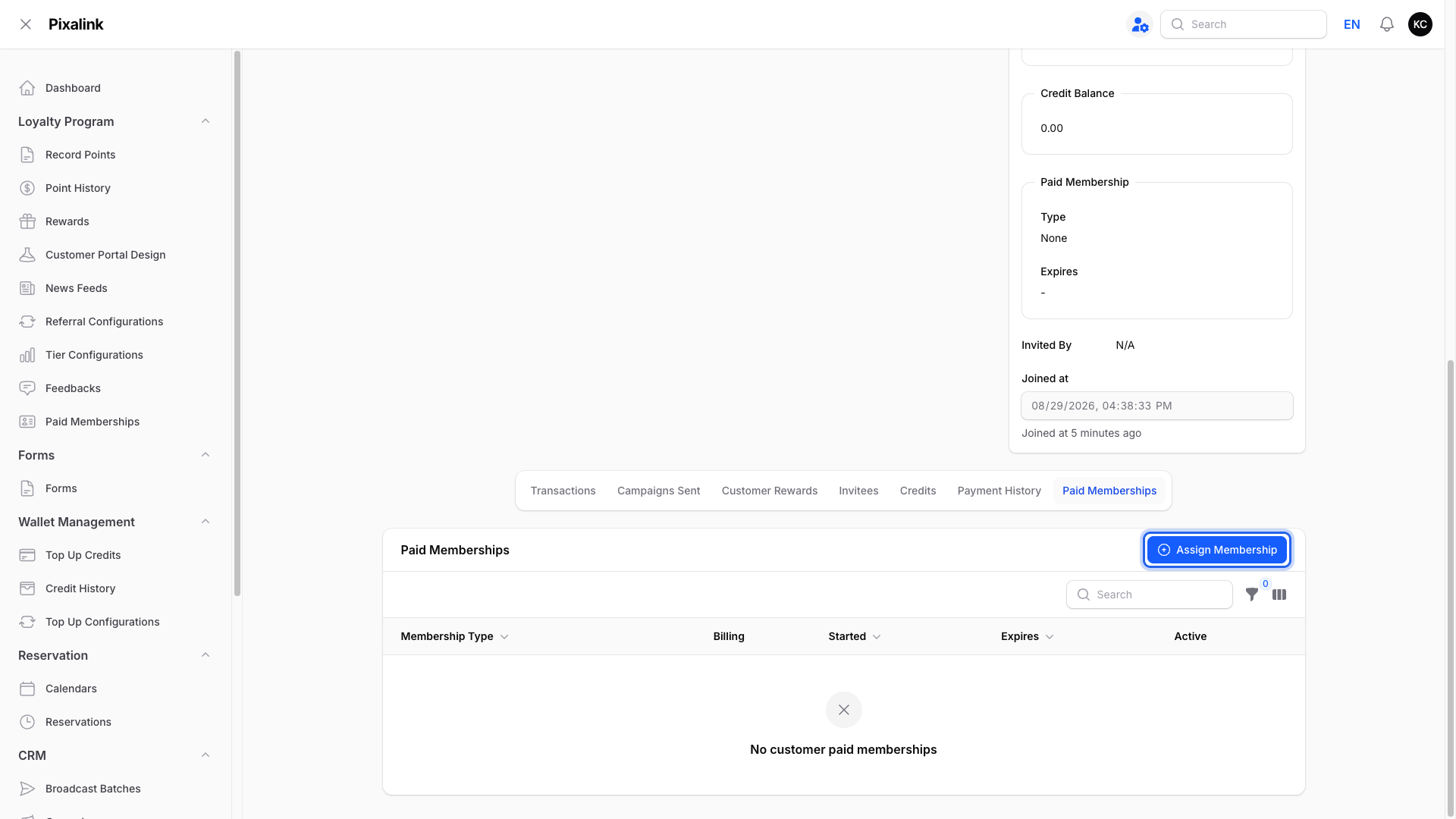 Step 4: The Paid Memberships tab open with the blue Assign Membership button highlighted at the top right