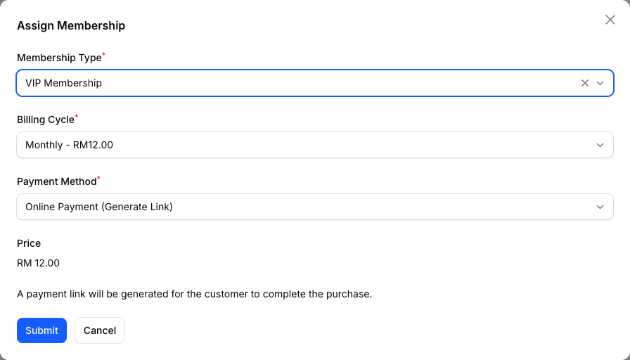 Step 5: The Assign Membership form with VIP Membership, Monthly billing and Payment Method set to Online Payment (Generate Link)