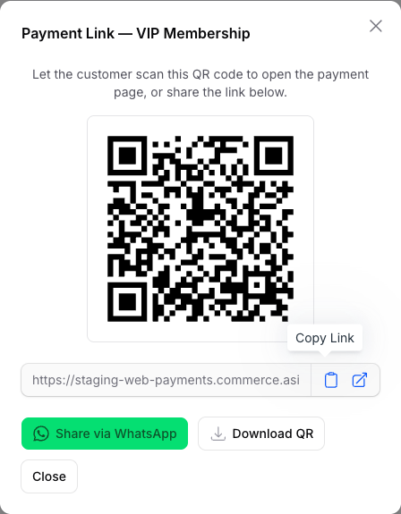 Step 6: The Payment Link modal showing a QR code, the copyable link, and the Share via WhatsApp and Download QR buttons