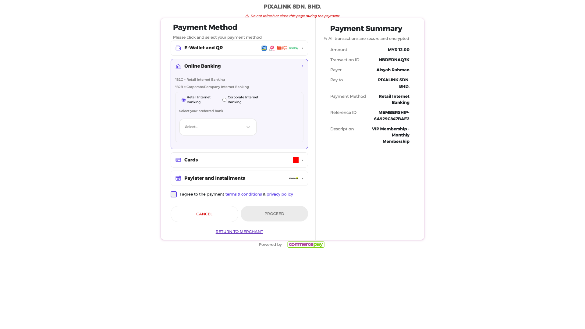 The secure payment page the customer opens from the link, showing the membership amount and payment methods