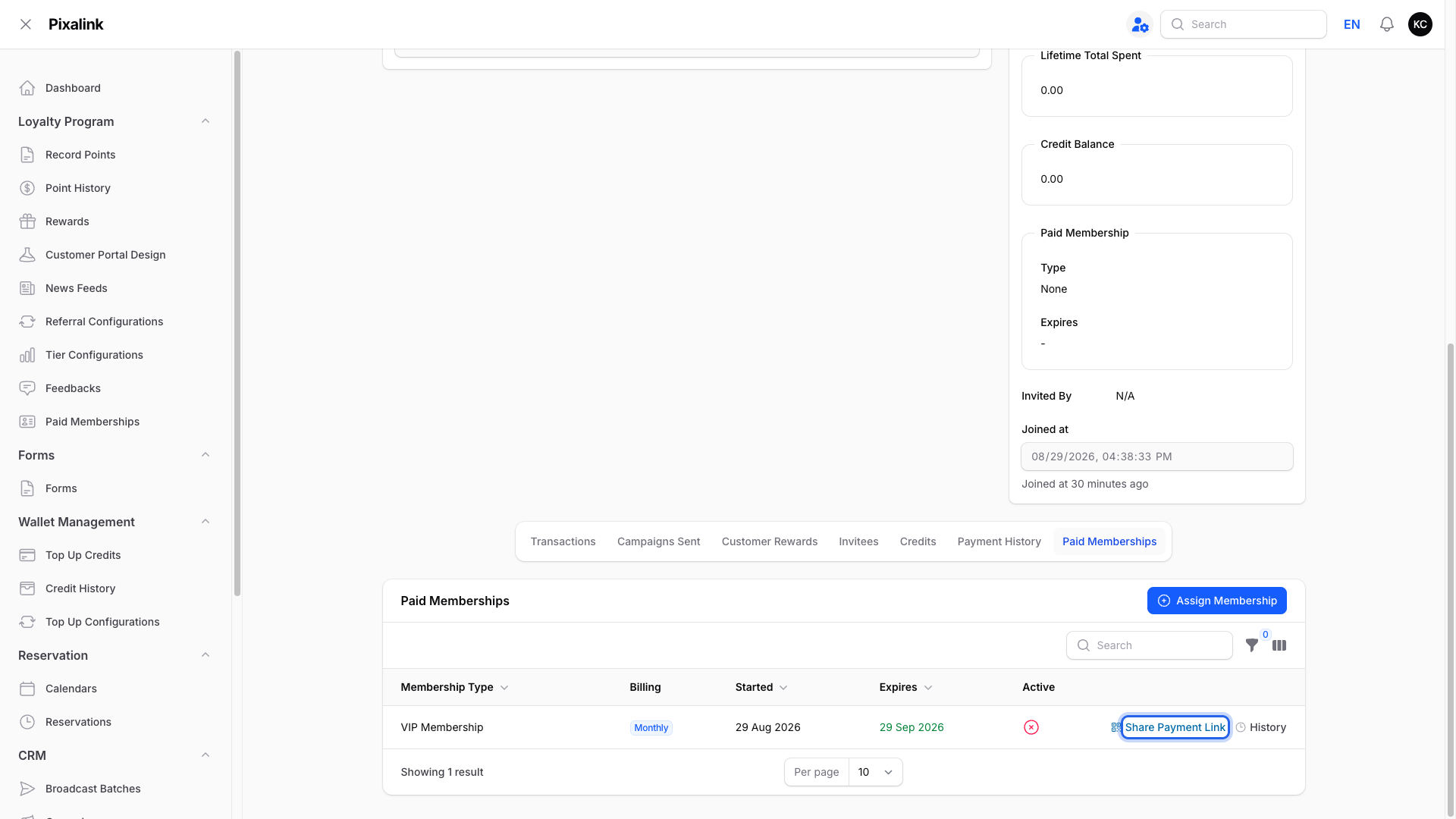 Step 7: The pending membership row with the Share Payment Link action highlighted