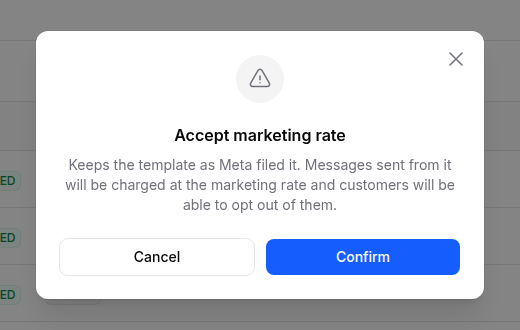 Confirmation box titled Accept marketing rate, warning that messages will be charged at the marketing rate and customers can opt out