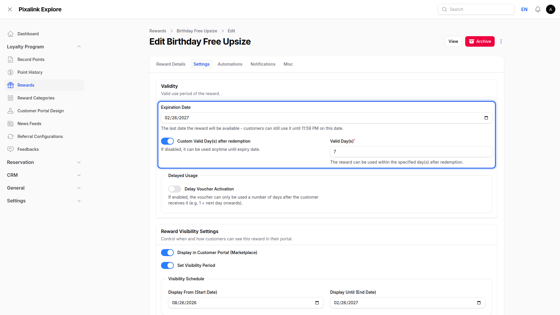 Reward edit screen on the Settings tab, with the Validity section highlighted showing Expiration Date, the Custom Valid Day(s) after redemption toggle turned on, and Valid Day(s) set to 7