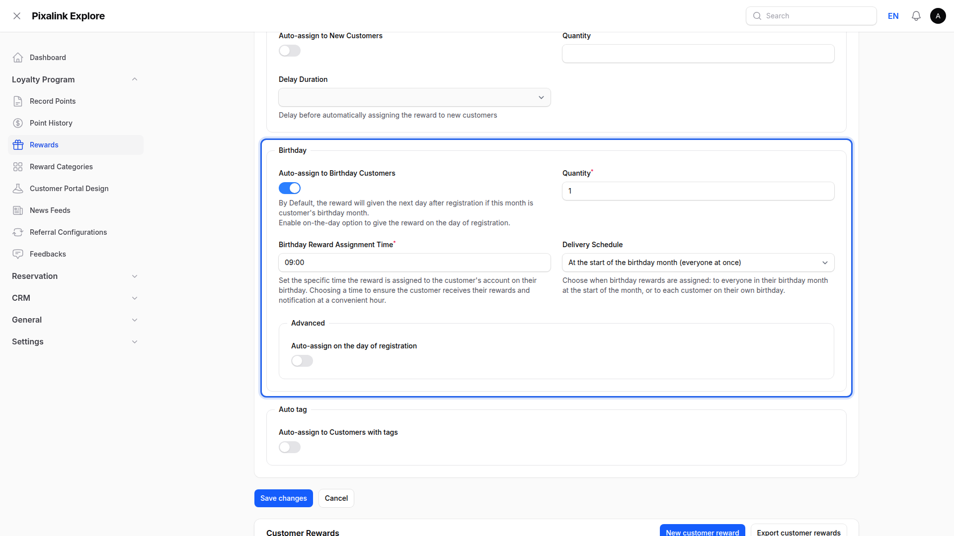 Reward edit screen on the Automations tab with the Birthday section highlighted, showing Auto-assign to Birthday Customers, Quantity, Birthday Reward Assignment Time and Delivery Schedule, and no validity setting