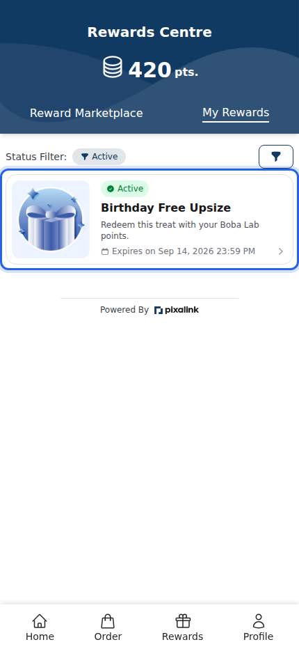 Customer portal My Rewards tab showing the Birthday Free Upsize voucher with the line Expires on Sep 14, 2026 highlighted