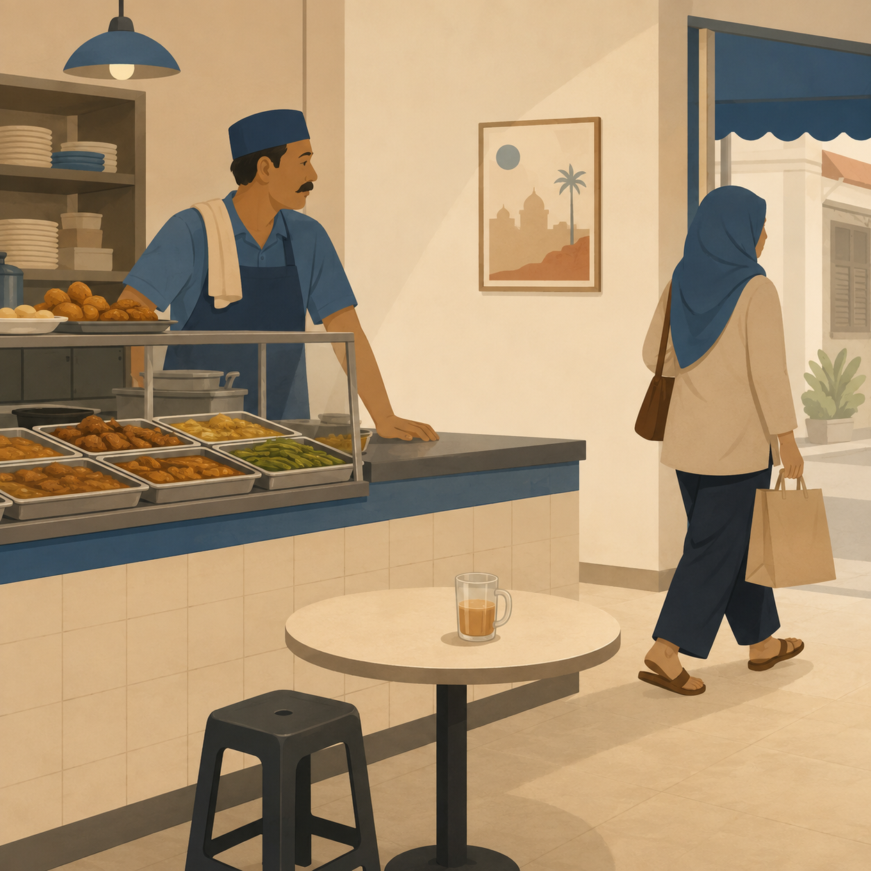 Illustration: a fictional nasi kandar proprietor watches a customer leave with a plain bag beside an empty stool.