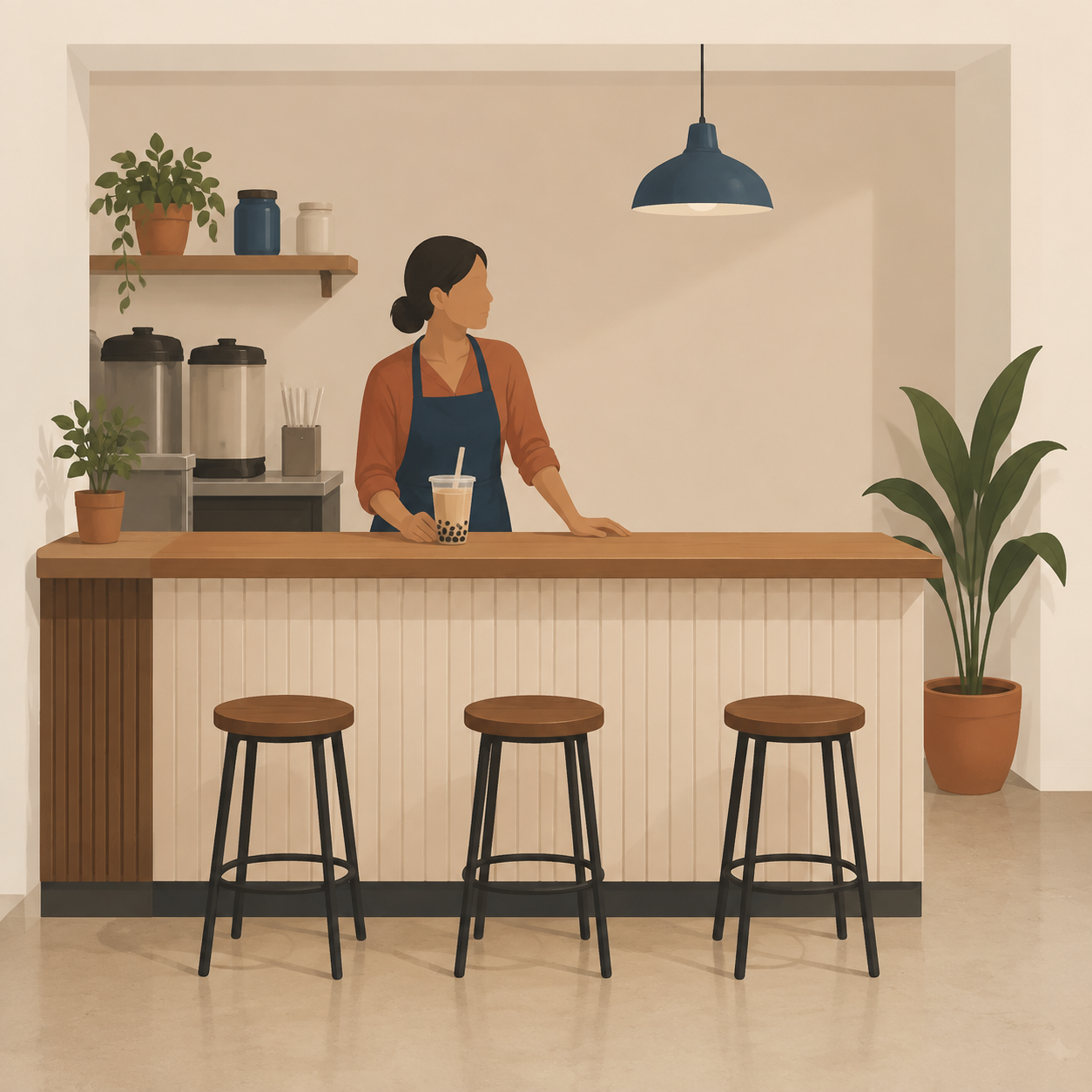 Illustration: a fictional bubble tea proprietor waits behind a quiet counter beside empty stools.