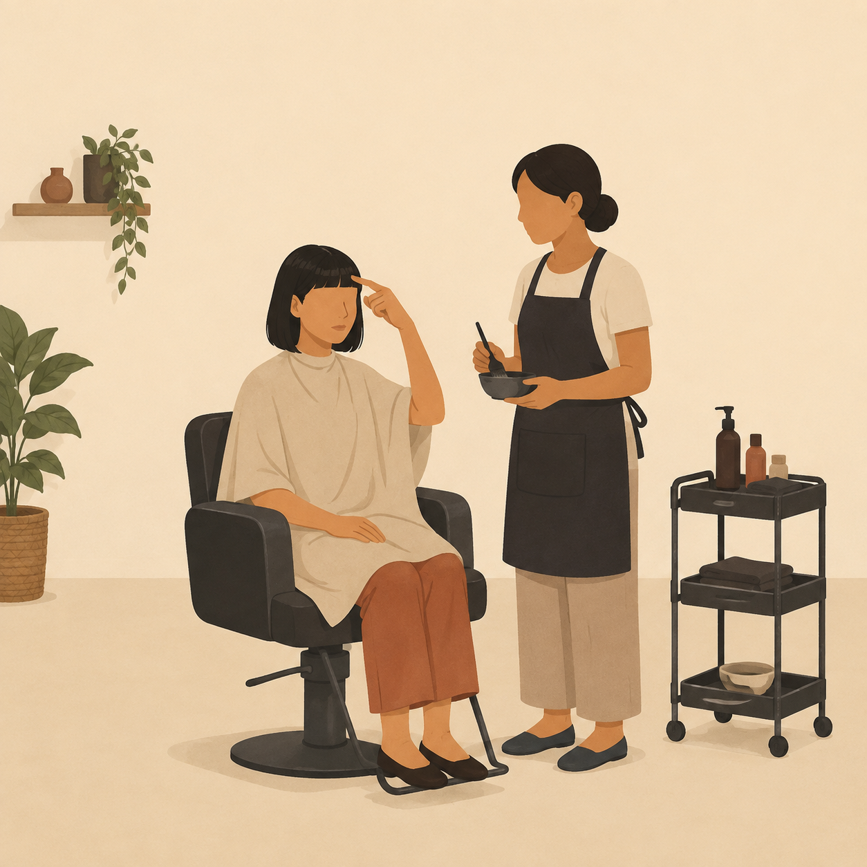 Illustration: a salon client points to her fringe while the owner holds a treatment bowl.