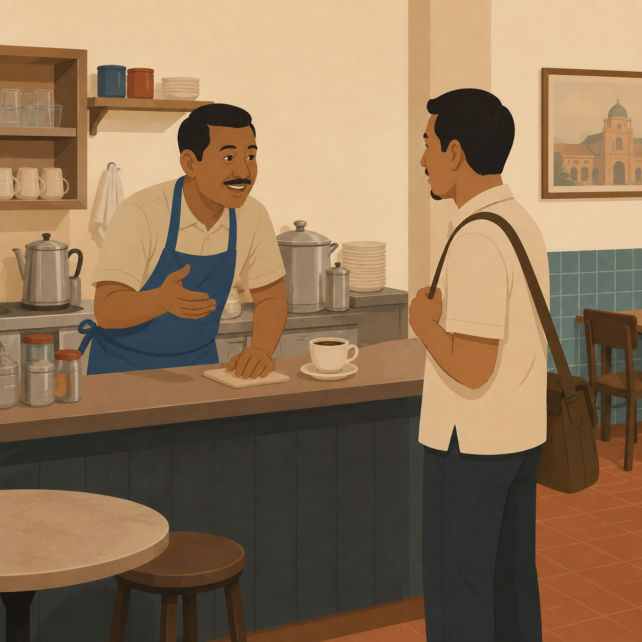 Illustration: a fictional kopitiam proprietor talks with a customer over kopi.