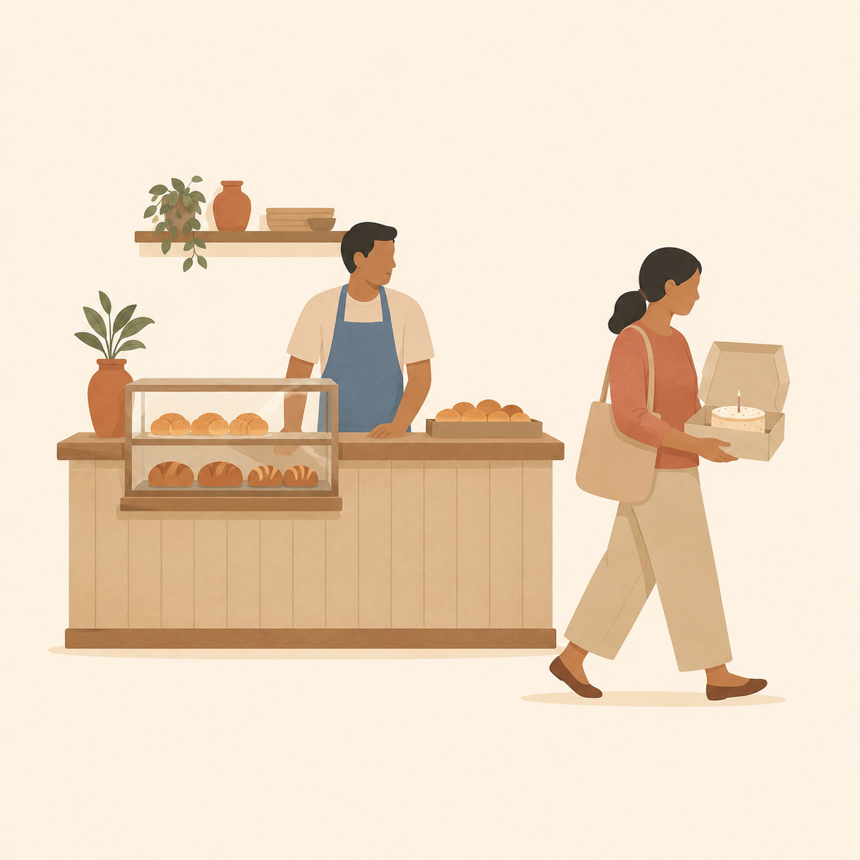 Illustration: a customer carries a birthday cake away from a quiet Malaysian bakery counter while the proprietor stands behind it in a muted blue apron.
