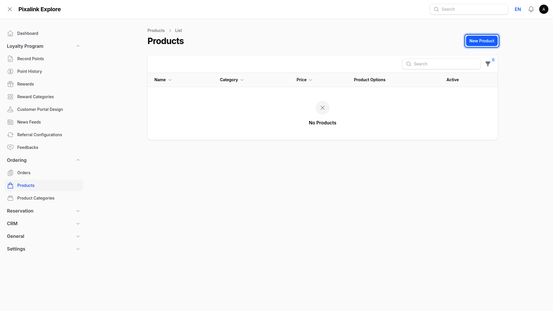 Admin panel Products page under the Ordering menu, with the New Product button highlighted