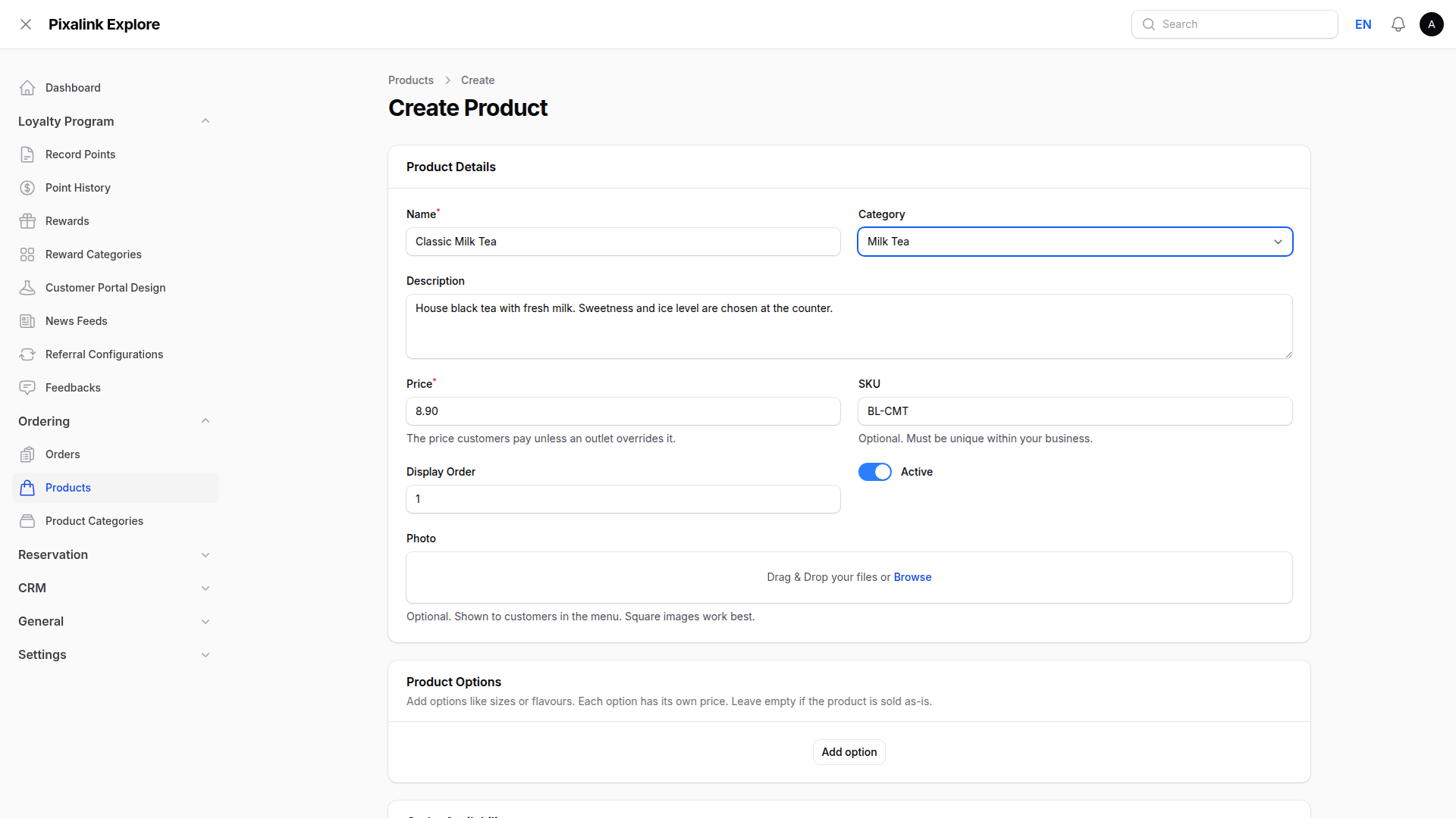 Create Product form showing Name, Category, Description, Price, SKU, Display Order, Active and Photo fields filled in