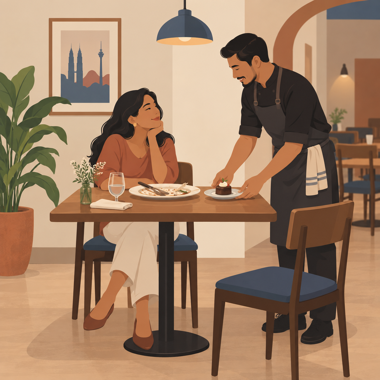 Illustration: a steakhouse owner serves a small dessert to a familiar diner after her meal.