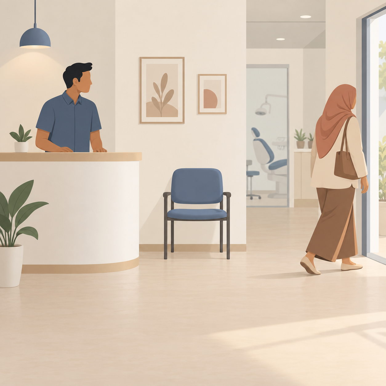 Illustration: a patient leaves the dental clinic as its owner watches beside an empty waiting chair.