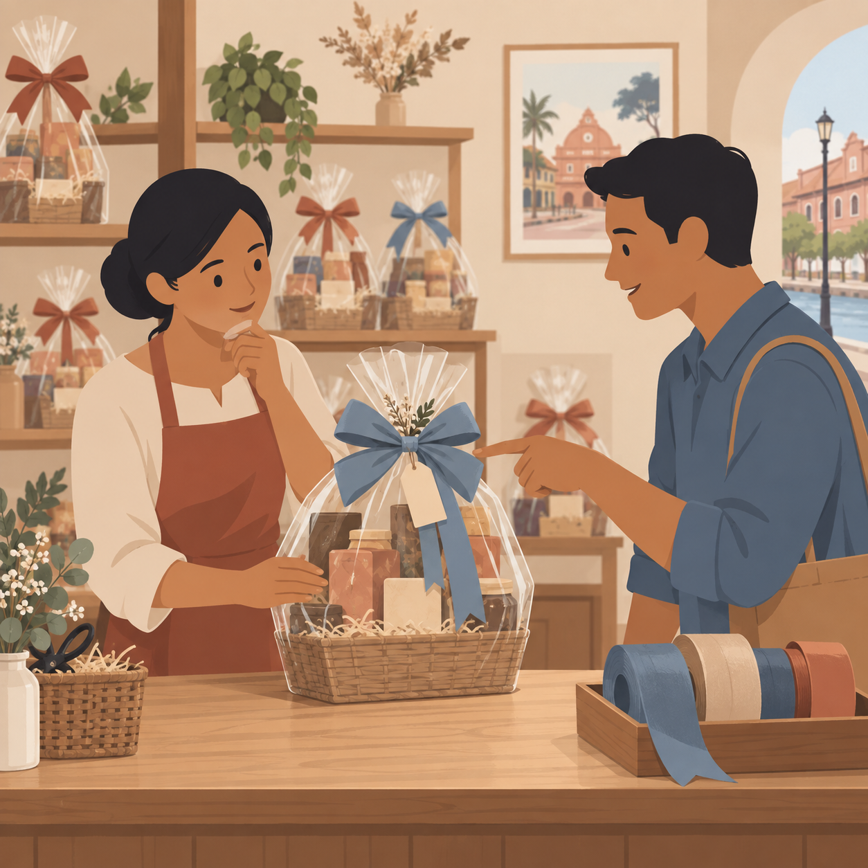 Illustration: a shopkeeper and a regular customer considering a blue ribbon on a hamper at a gift-shop counter.